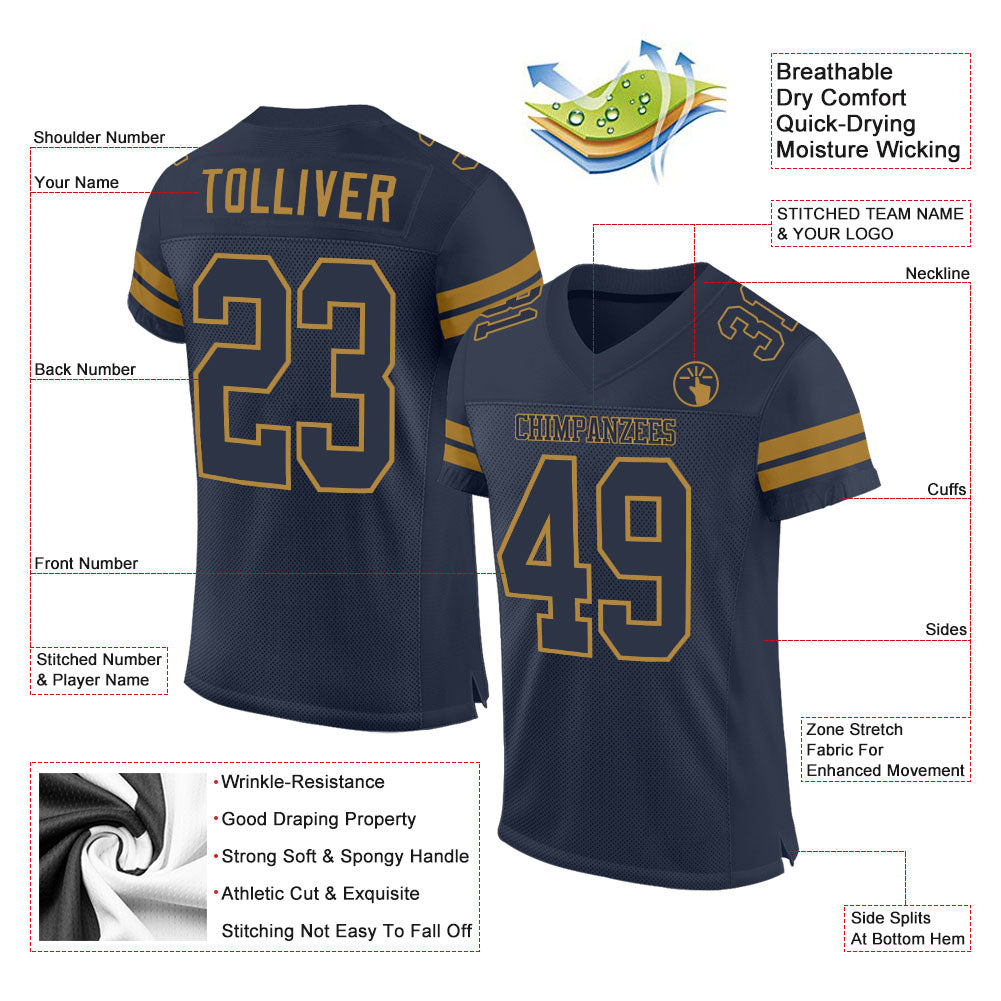 Custom Navy Navy-Old Gold Mesh Authentic Football Jersey