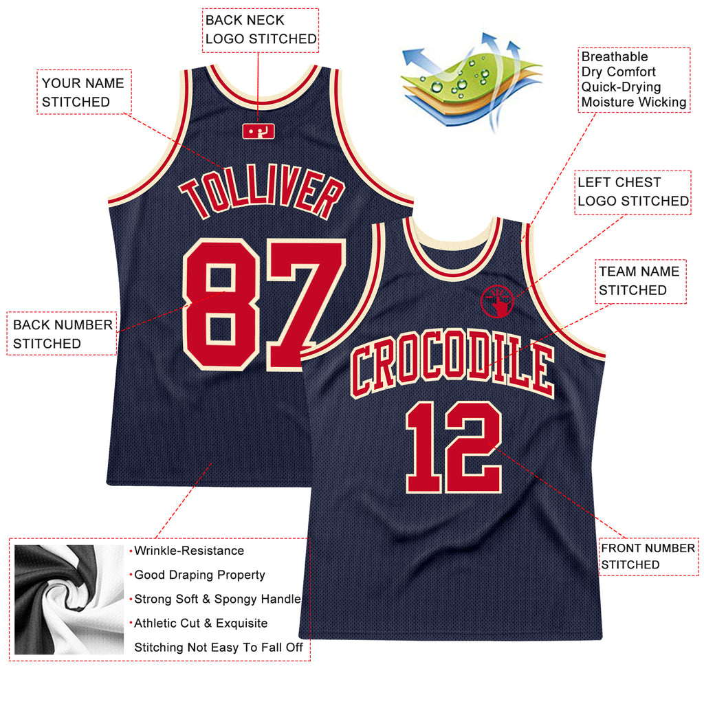 Custom Navy Red-Cream Authentic Throwback Basketball Jersey