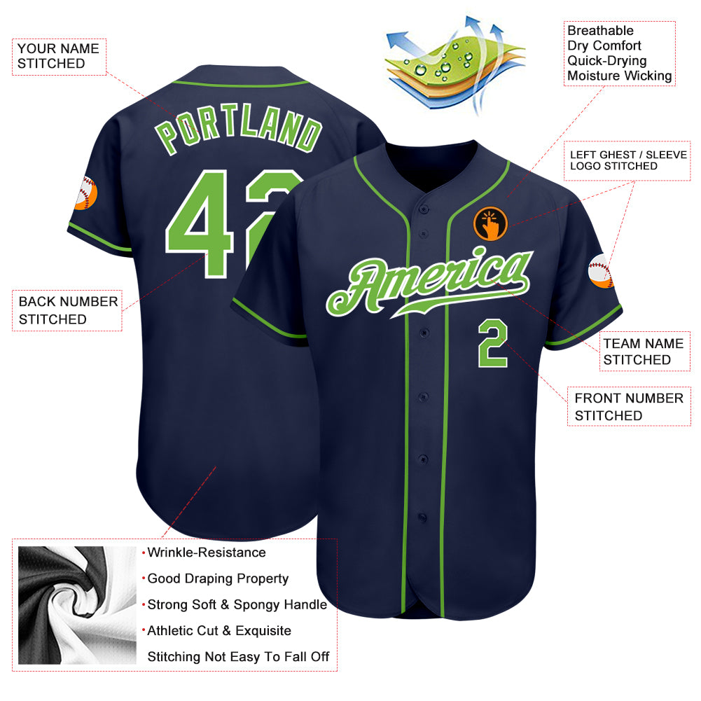 Custom Navy Neon Green-White Authentic Baseball Jersey