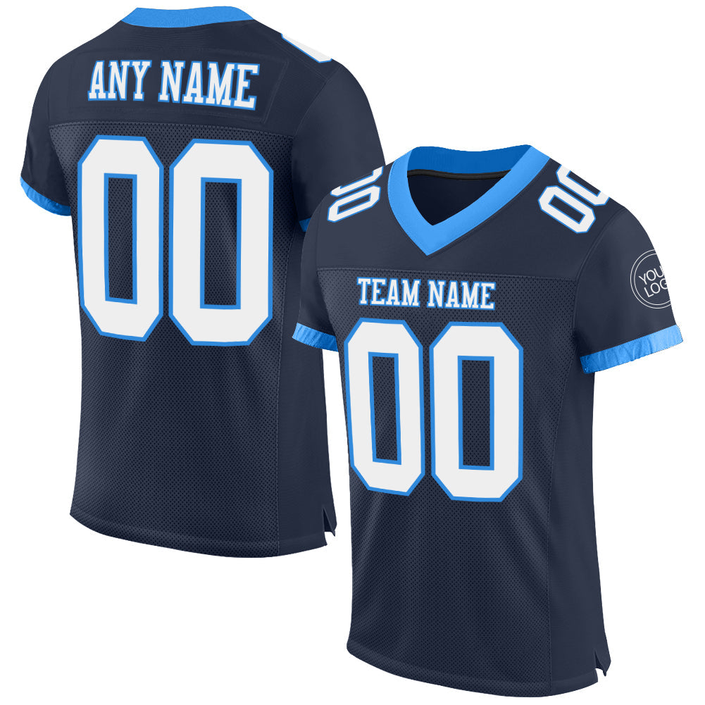 Custom Navy White-Electric Blue Mesh Authentic Football Jersey