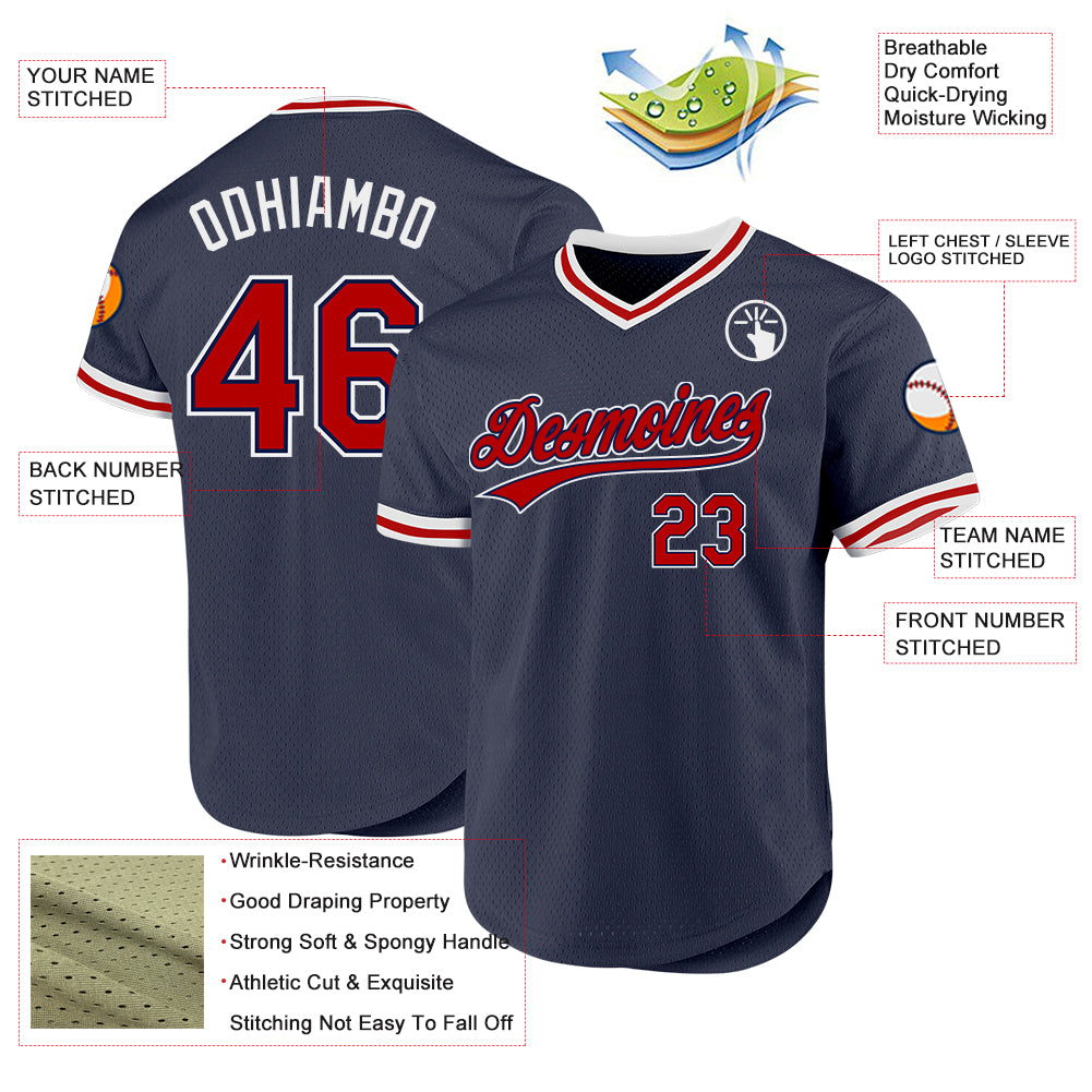 Custom Navy Red-White Authentic Throwback Baseball Jersey
