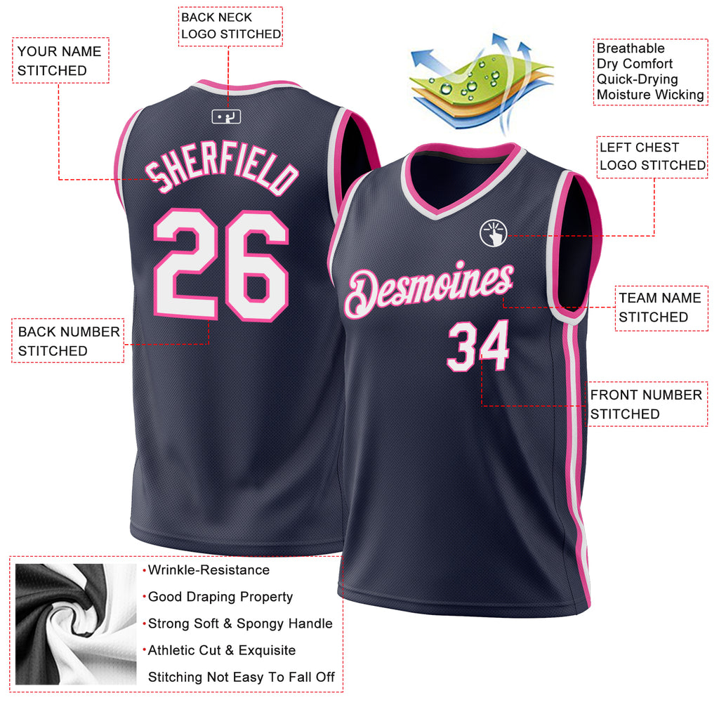 Custom Navy White-Pink Authentic Throwback Basketball Jersey