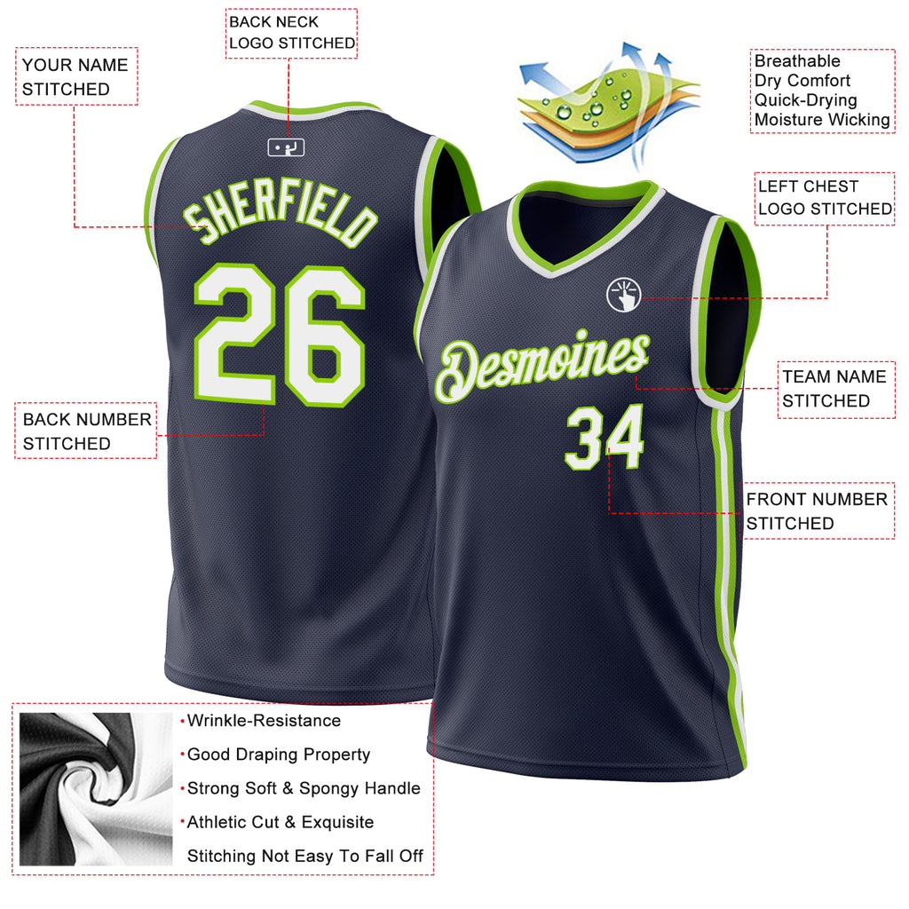 Custom Navy White-Neon Green Authentic Throwback Basketball Jersey