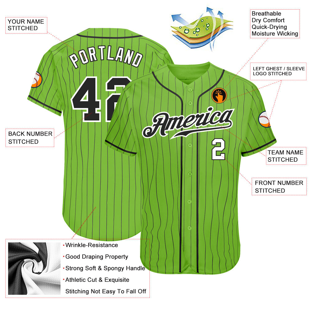 Custom Neon Green Black Pinstripe Black-White Authentic Baseball Jersey