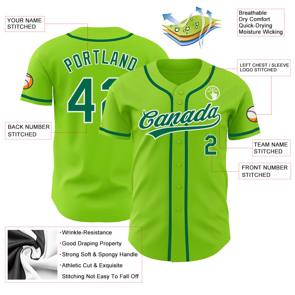 Custom Neon Green Kelly Green-White Authentic Baseball Jersey