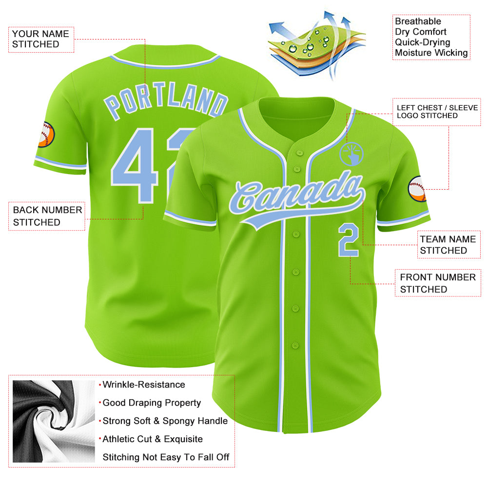 Custom Neon Green Light Blue-White Authentic Baseball Jersey