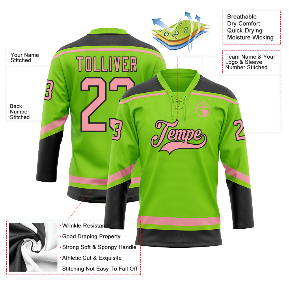 Custom Neon Green Medium Pink-Black Hockey Lace Neck Jersey