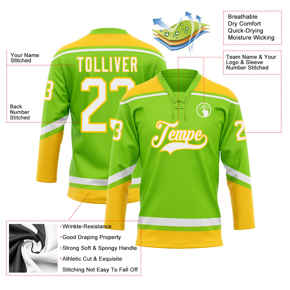 Custom Neon Green White-Yellow Hockey Lace Neck Jersey