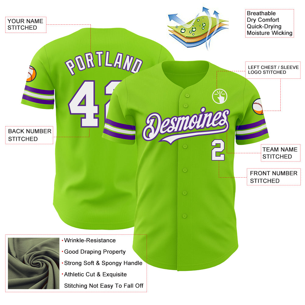 Custom Neon Green White-Purple Authentic Baseball Jersey
