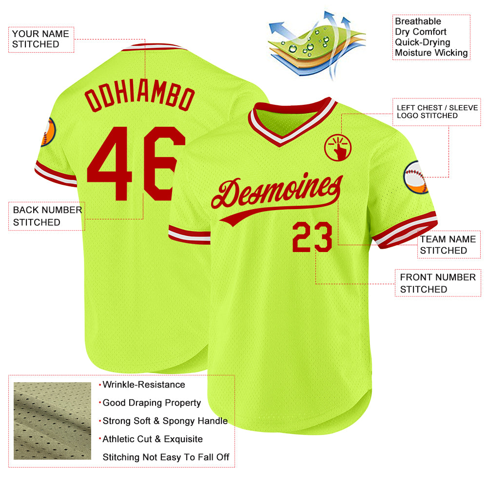 Custom Neon Green Red-White Authentic Throwback Baseball Jersey