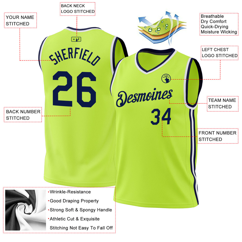 Custom Neon Green Navy-White Authentic Throwback Basketball Jersey