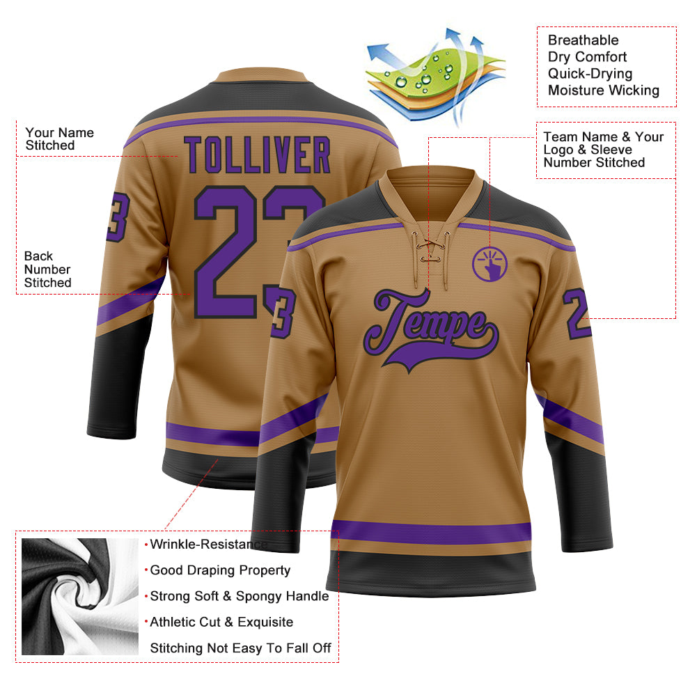 Custom Old Gold Purple-Black Hockey Lace Neck Jersey