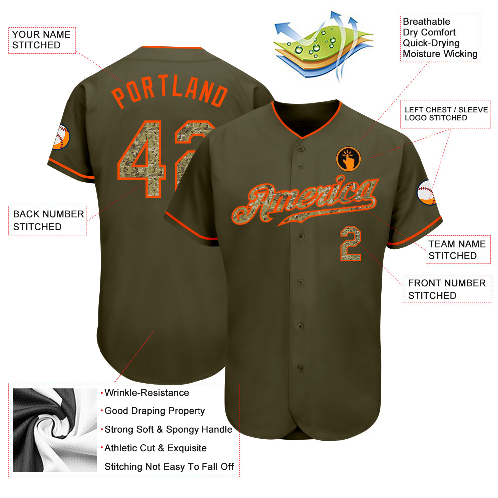Custom Olive Camo-Orange Authentic Salute To Service Baseball Jersey