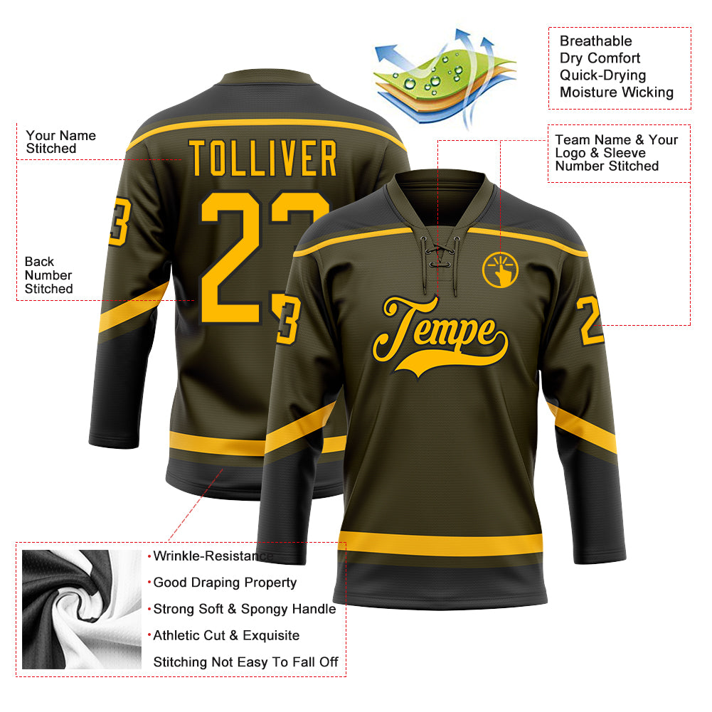 Custom Olive Gold-Black Salute To Service Hockey Lace Neck Jersey