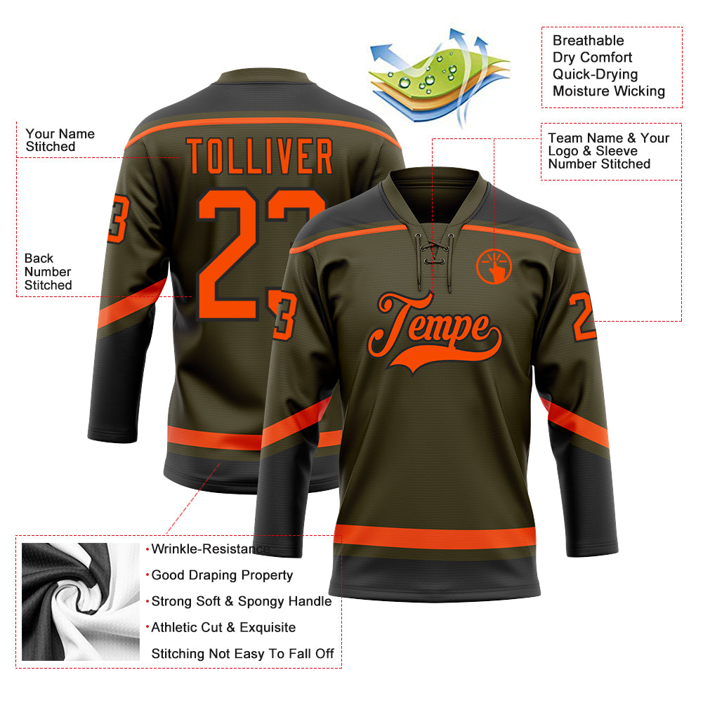 Custom Olive Orange-Black Salute To Service Hockey Lace Neck Jersey