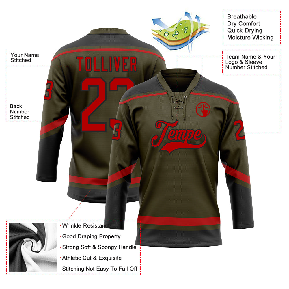 Custom Olive Red-Black Salute To Service Hockey Lace Neck Jersey