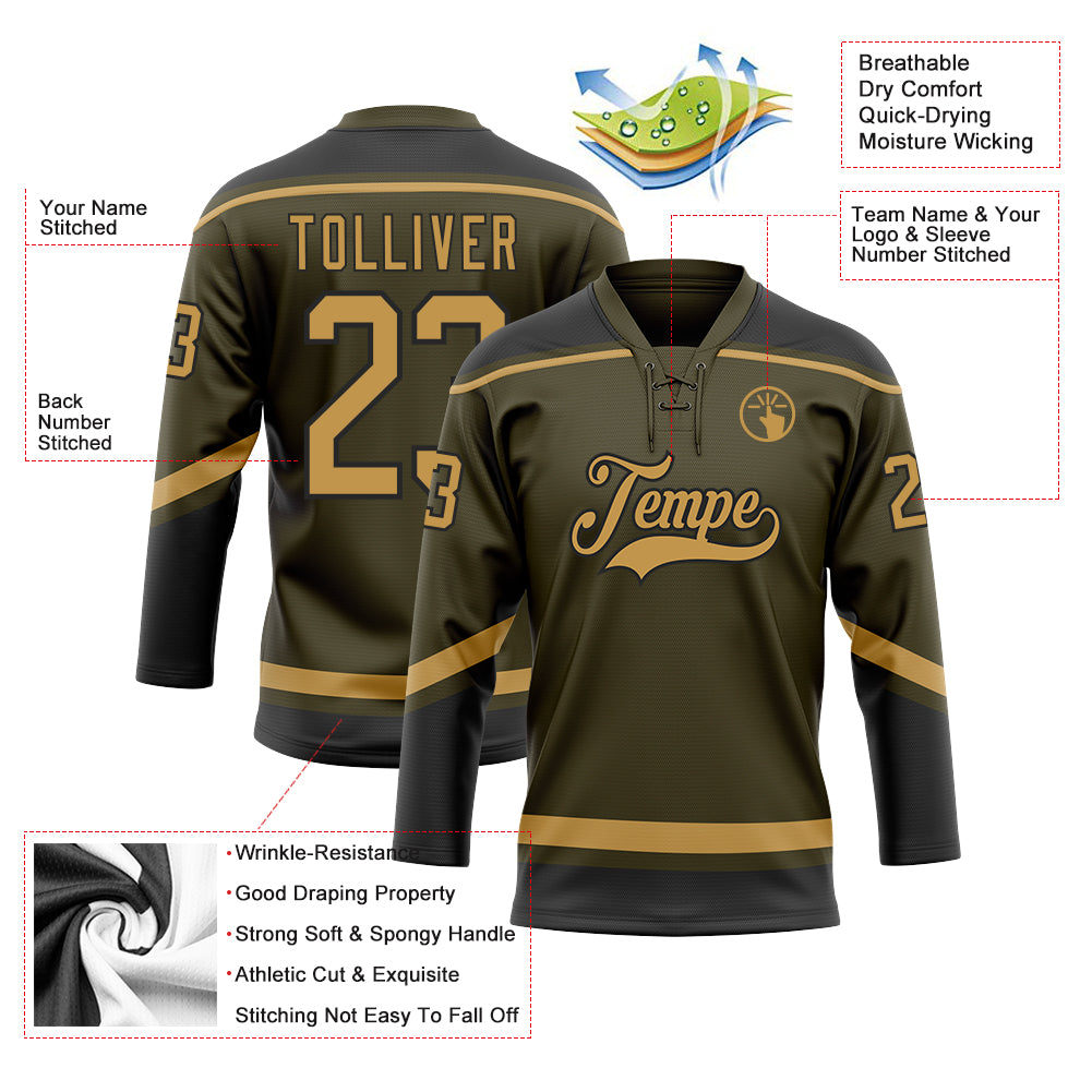 Custom Olive Old Gold-Black Salute To Service Hockey Lace Neck Jersey