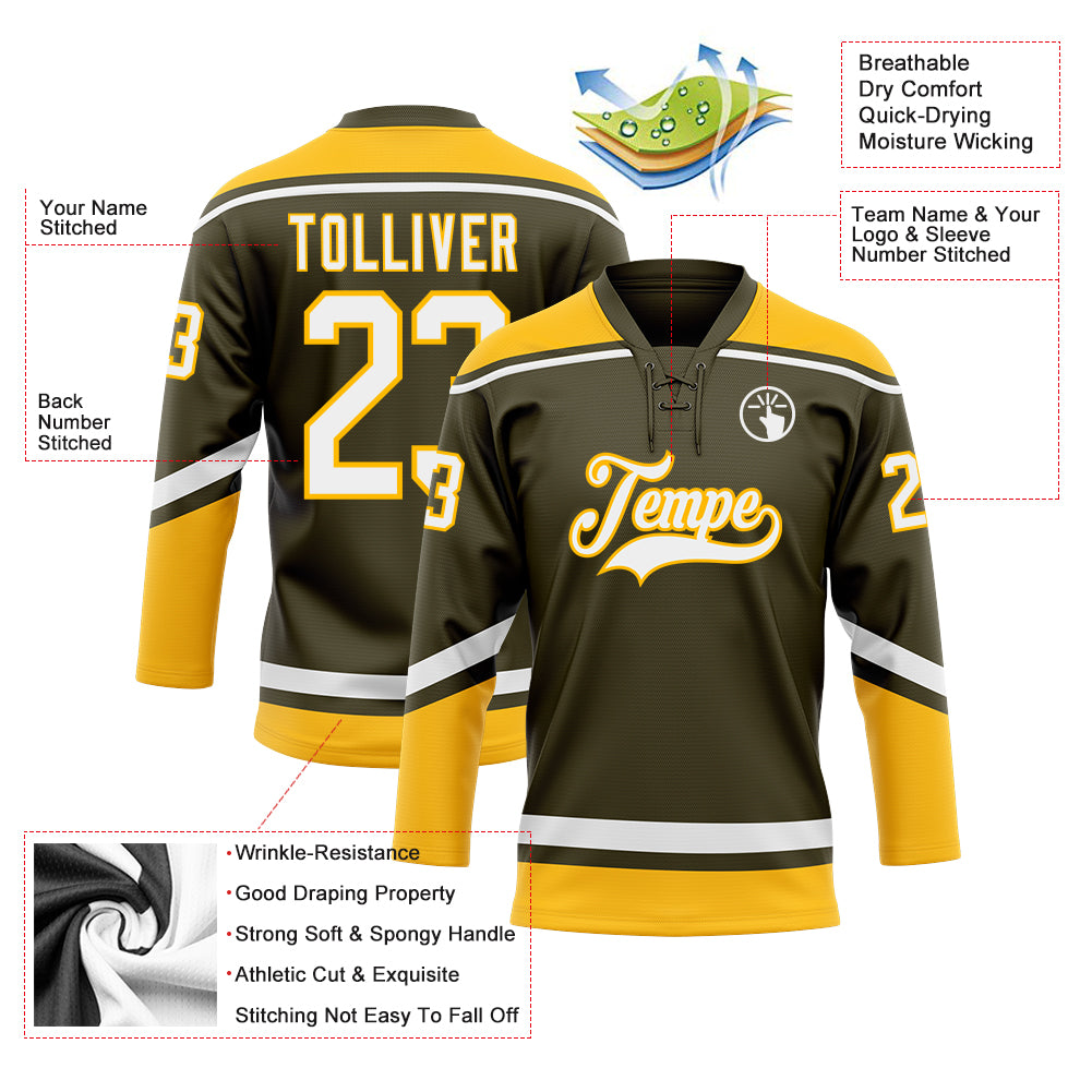 Custom Olive White-Gold Salute To Service Hockey Lace Neck Jersey