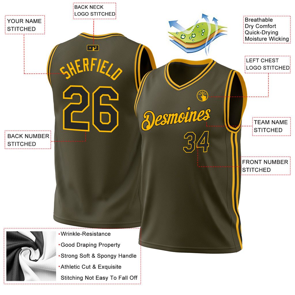 Custom Olive Black-Gold Authentic Throwback Salute To Service Basketball Jersey
