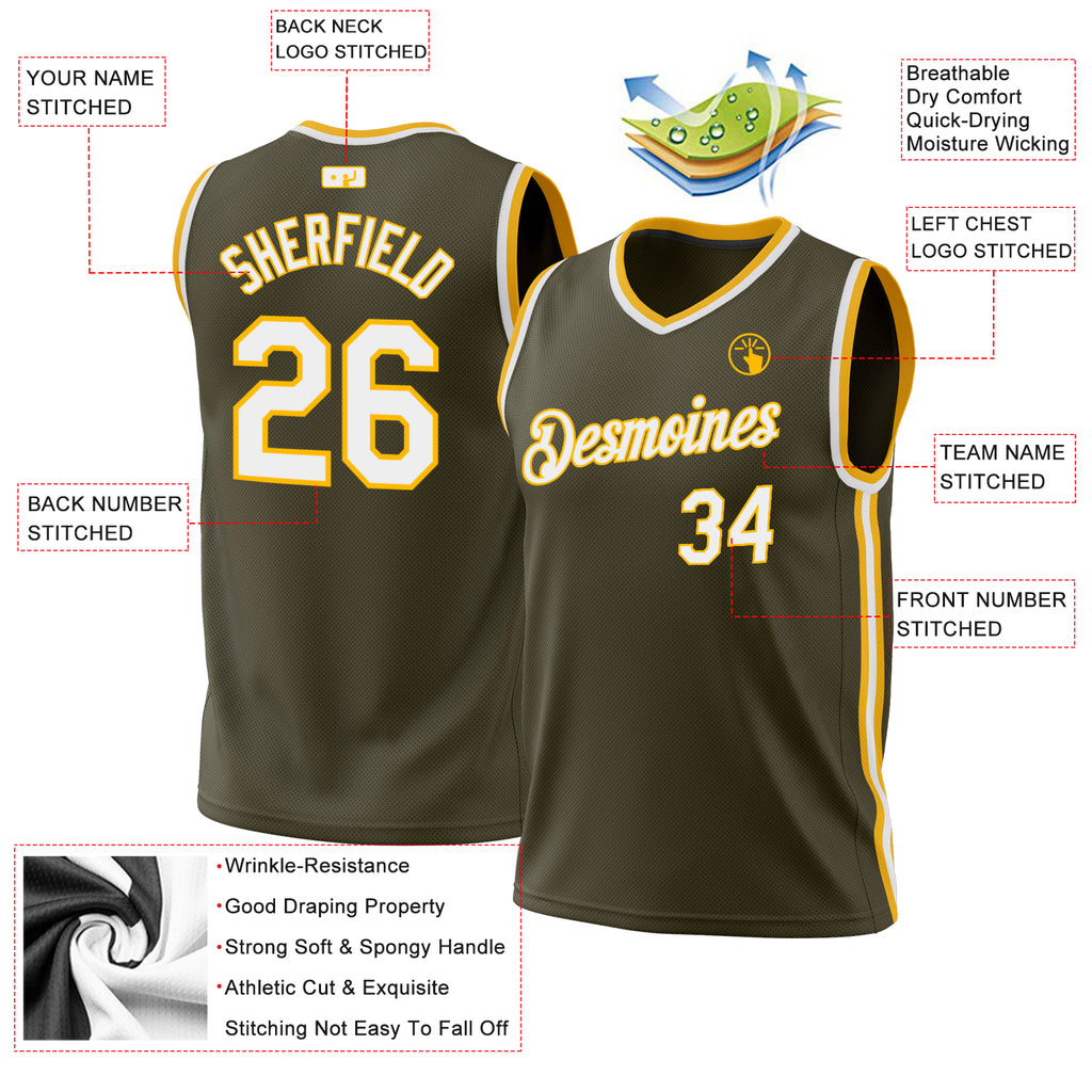 Custom Olive White-Gold Authentic Throwback Salute To Service Basketball Jersey