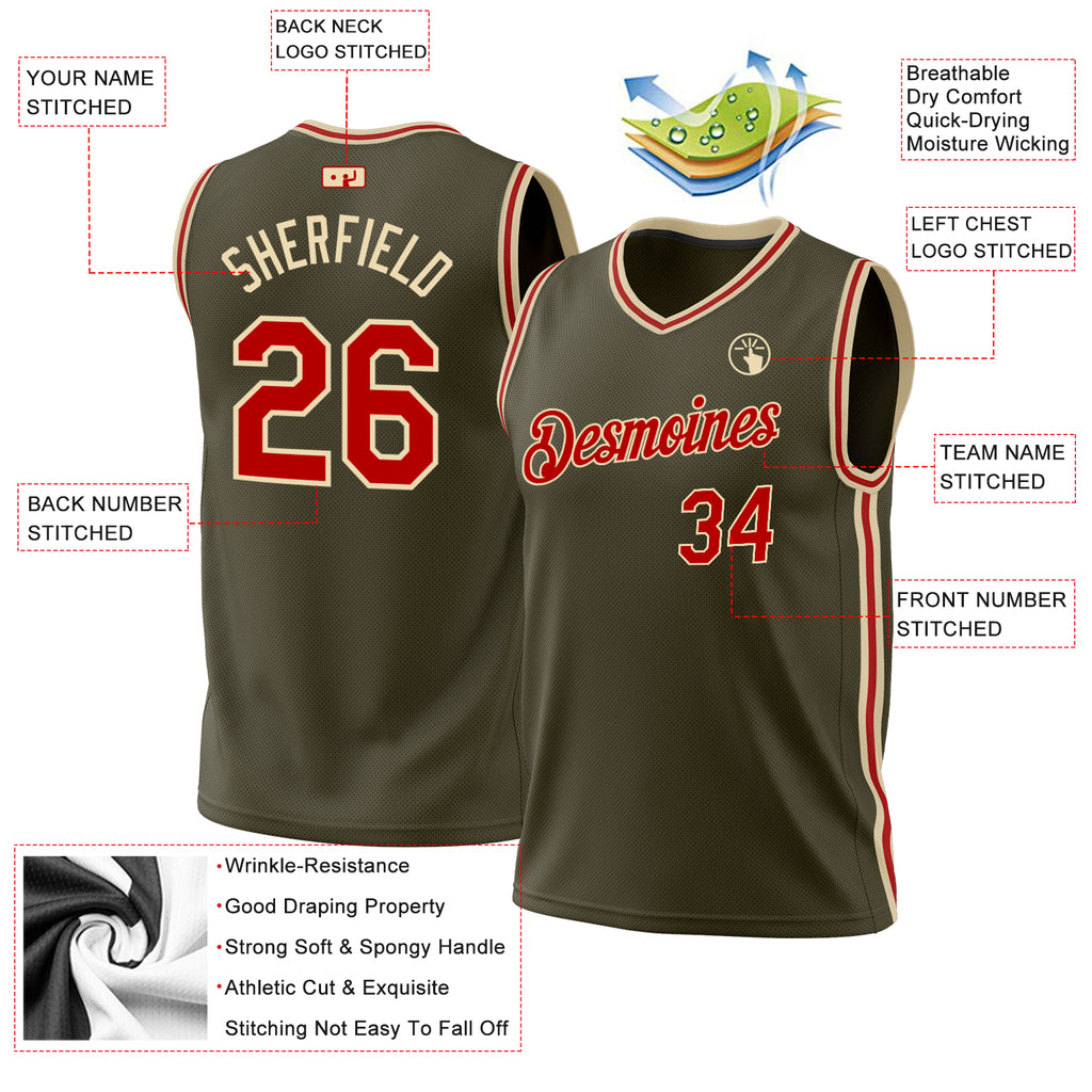 Custom Olive Red-Cream Authentic Throwback Salute To Service Basketball Jersey