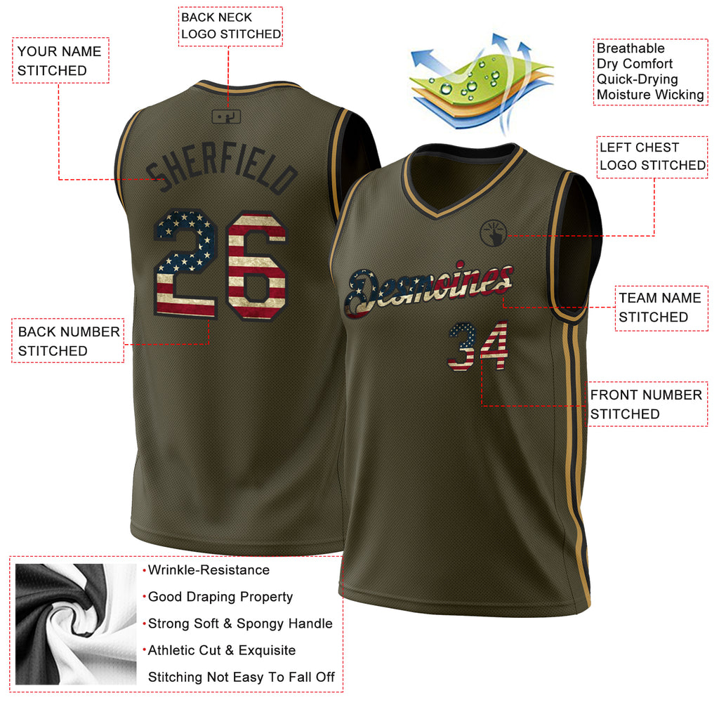 Custom Olive Vintage USA Flag Black-Old Gold Authentic Throwback Salute To Service Basketball Jersey