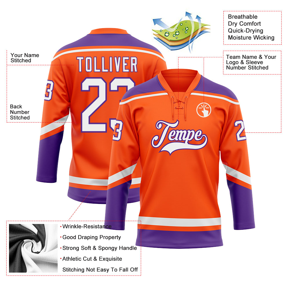 Custom Orange White-Purple Hockey Lace Neck Jersey