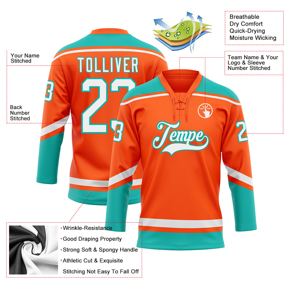Custom Orange White-Aqua Hockey Lace Neck Jersey