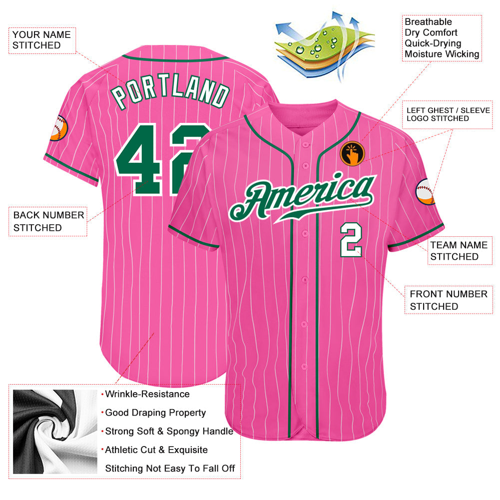 Custom Pink White Pinstripe Kelly Green-White Authentic Baseball Jersey