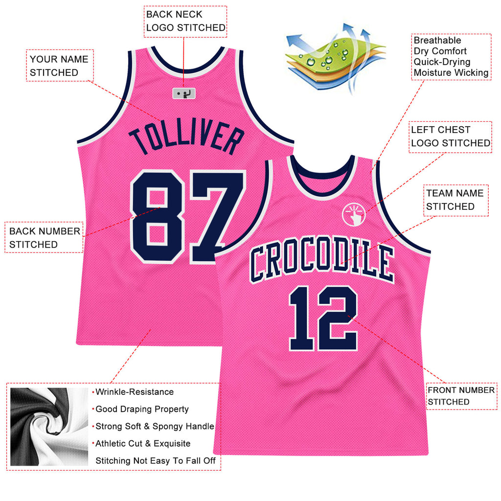 Custom Pink Navy-White Authentic Throwback Basketball Jersey