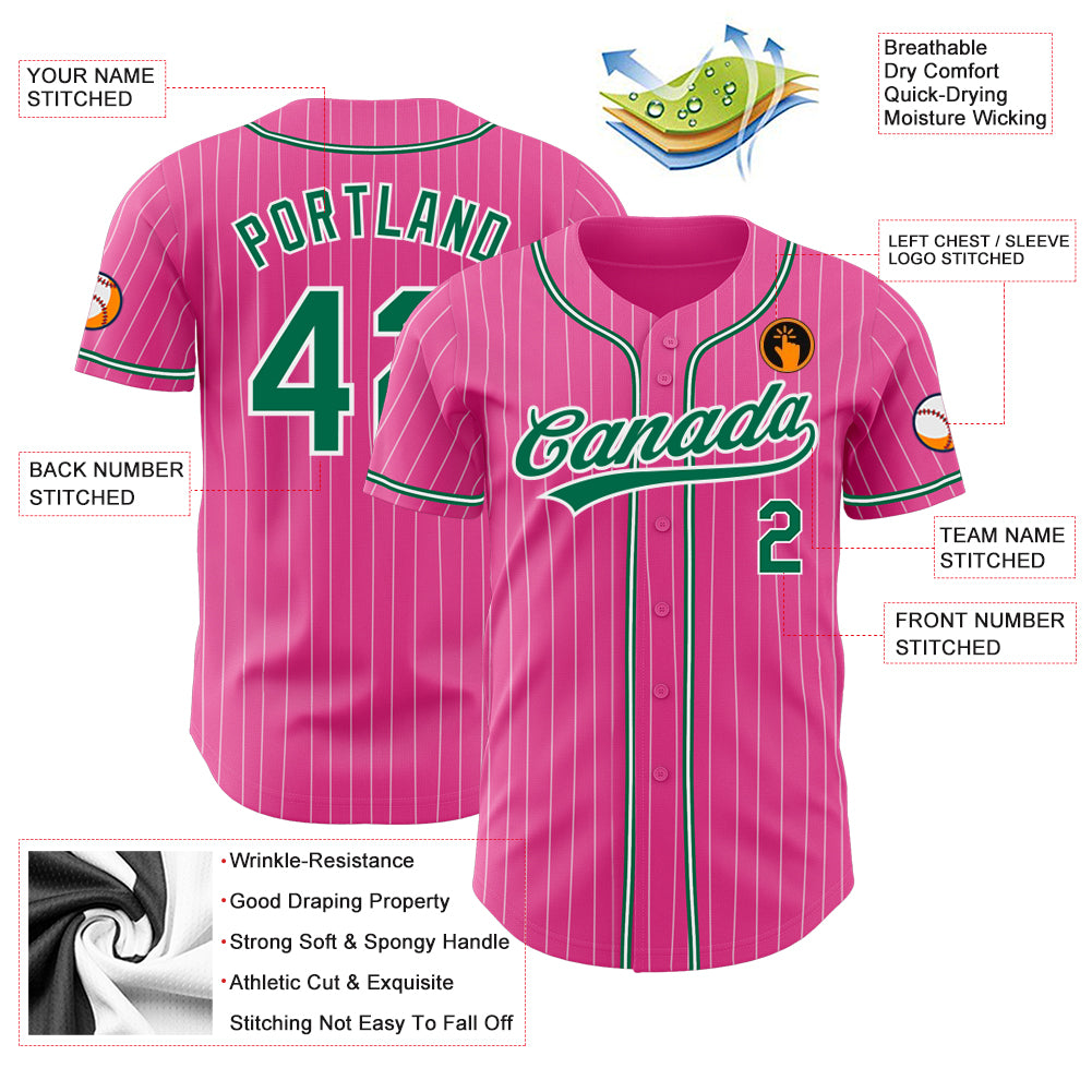 Custom Pink White Pinstripe Kelly Green Authentic Baseball Jersey