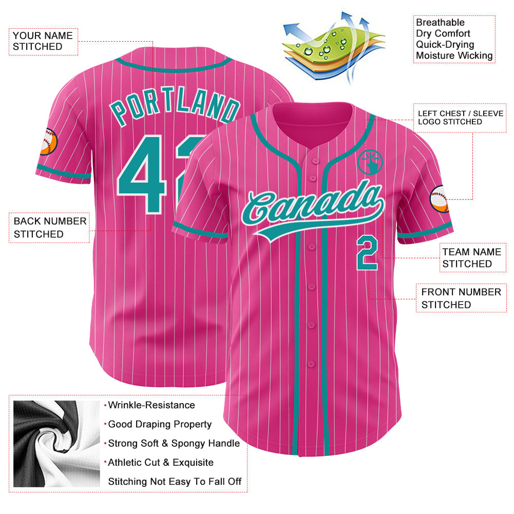 Custom Pink White Pinstripe Teal Authentic Baseball Jersey
