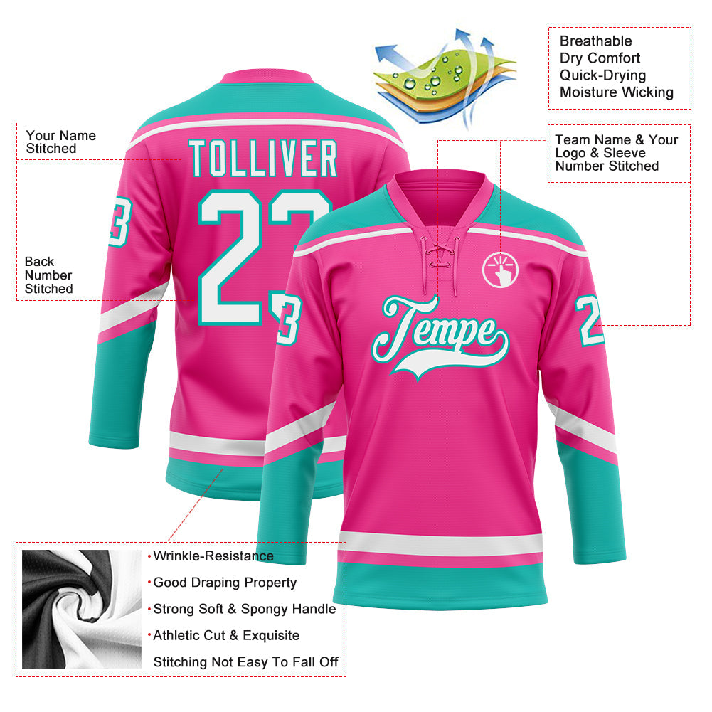 Custom Pink White-Aqua Hockey Lace Neck Jersey