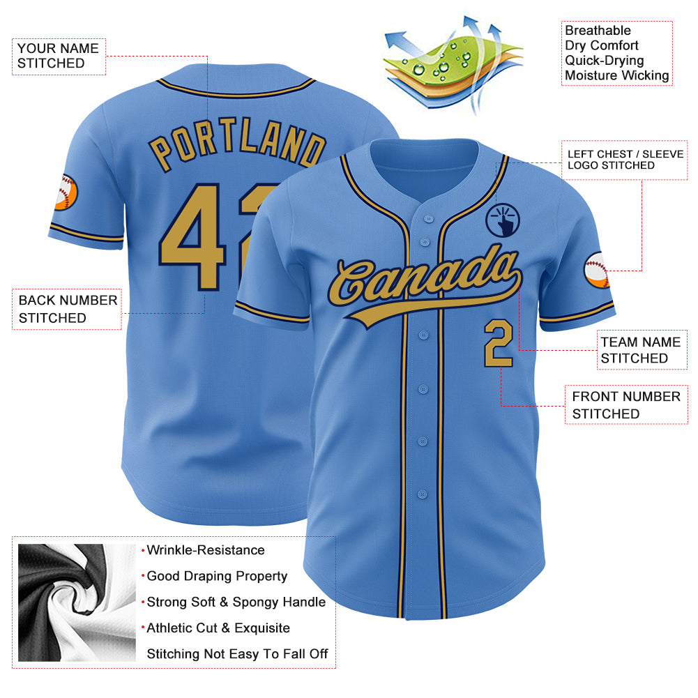 Custom Powder Blue Old Gold-Navy Authentic Baseball Jersey
