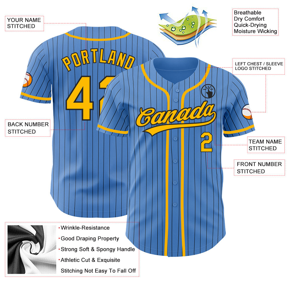 Custom Powder Blue Black Pinstripe Gold Authentic Baseball Jersey