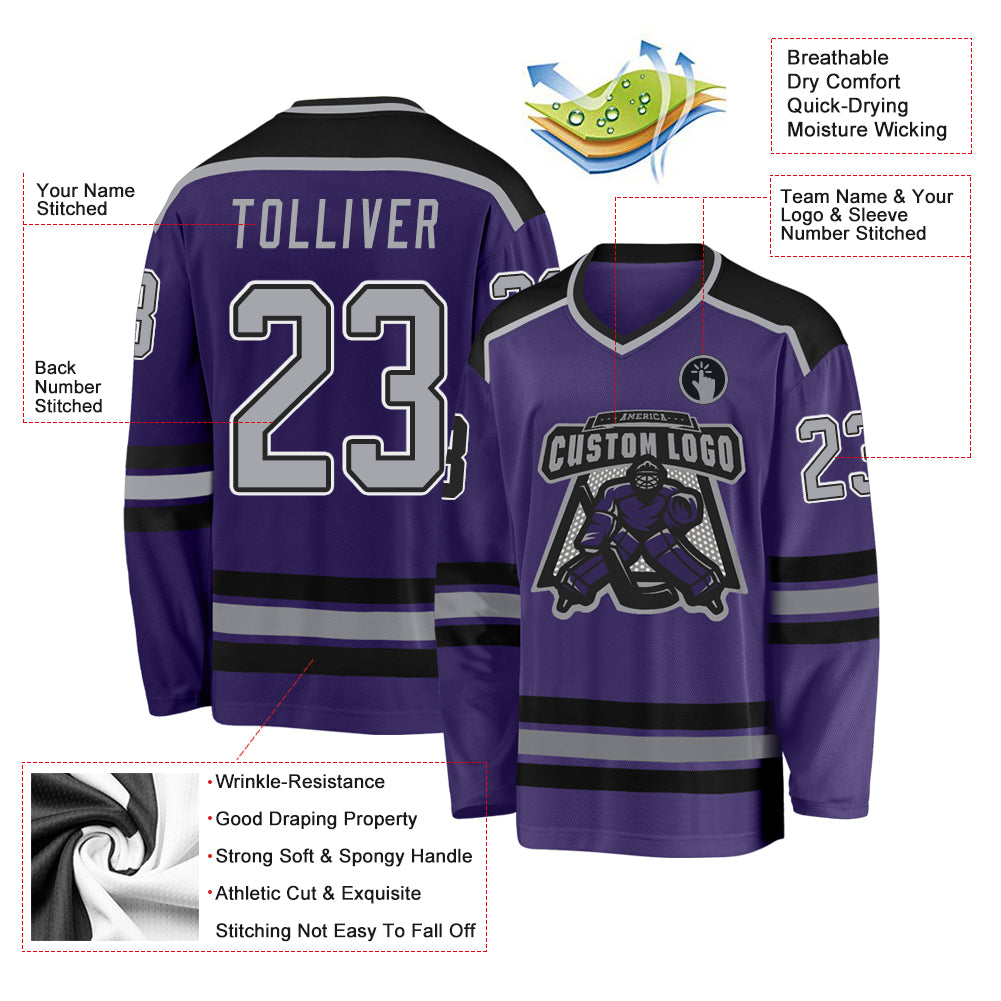 Custom Purple Gray Black-White Hockey Jersey