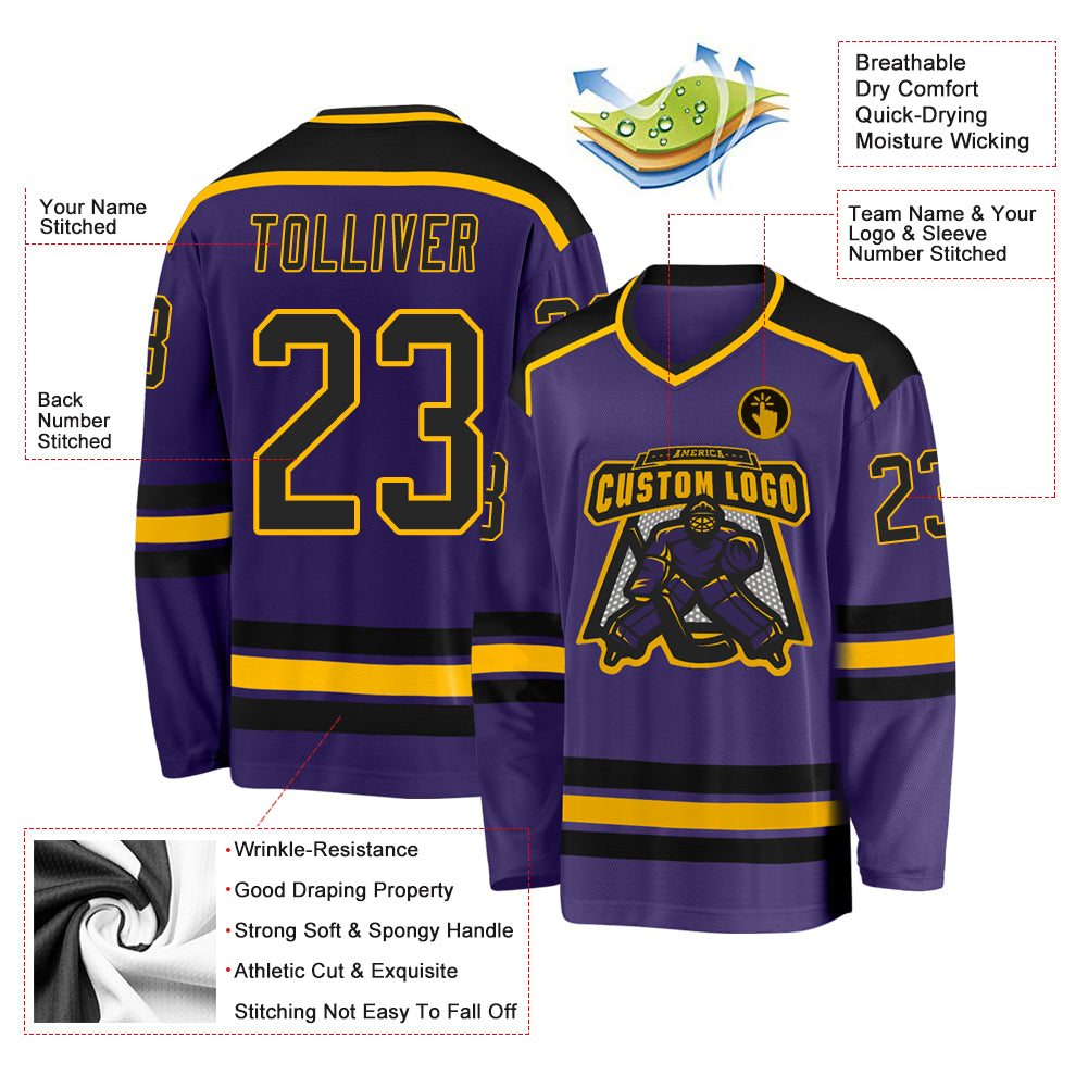 Custom Purple Black-Gold Hockey Jersey