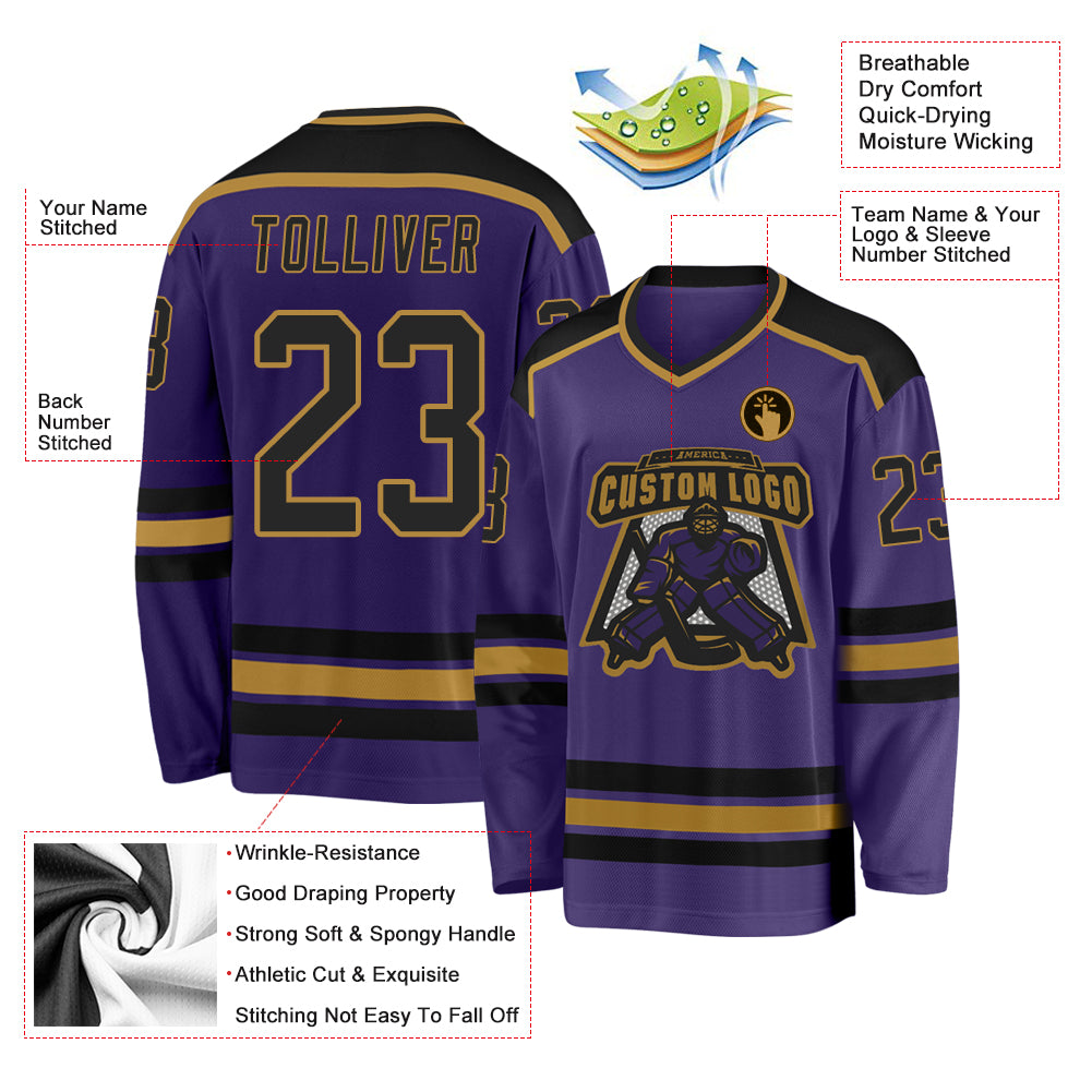 Custom Purple Black-Old Gold Hockey Jersey