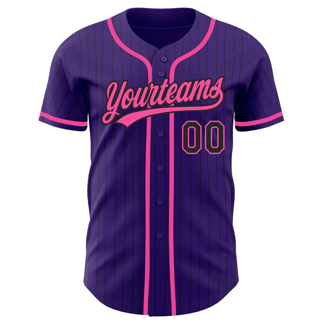 Custom Purple Black Pinstripe Pink Authentic Baseball Jersey