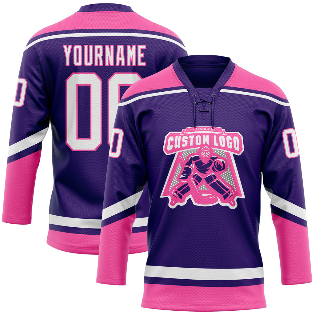 Custom Purple White-Pink Hockey Lace Neck Jersey