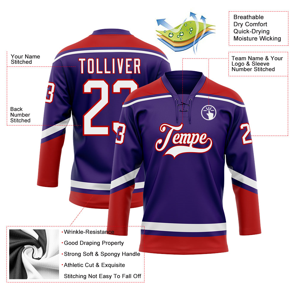 Custom Purple White-Red Hockey Lace Neck Jersey