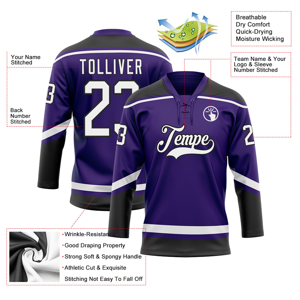 Custom Purple White-Black Hockey Lace Neck Jersey