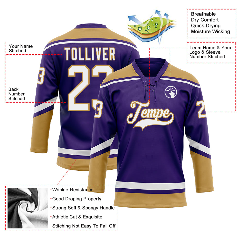 Custom Purple White-Old Gold Hockey Lace Neck Jersey