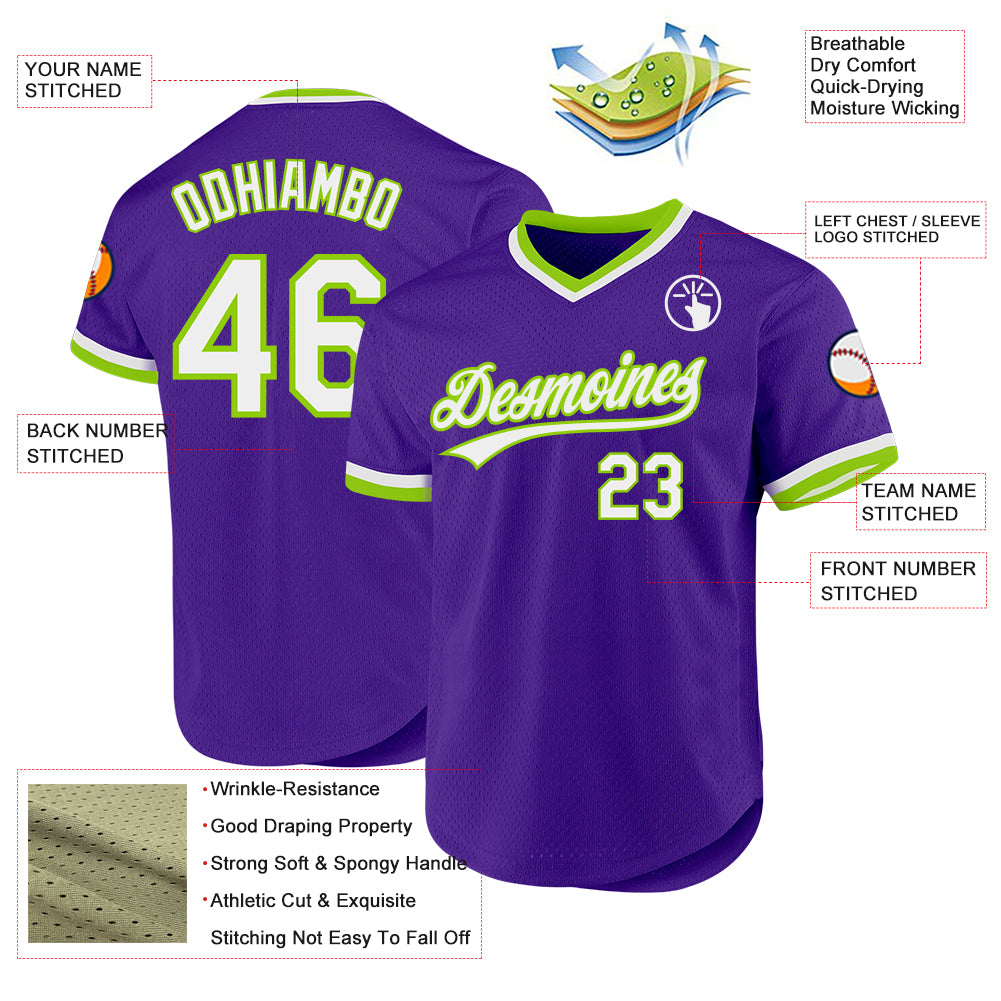 Custom Purple White-Neon Green Authentic Throwback Baseball Jersey