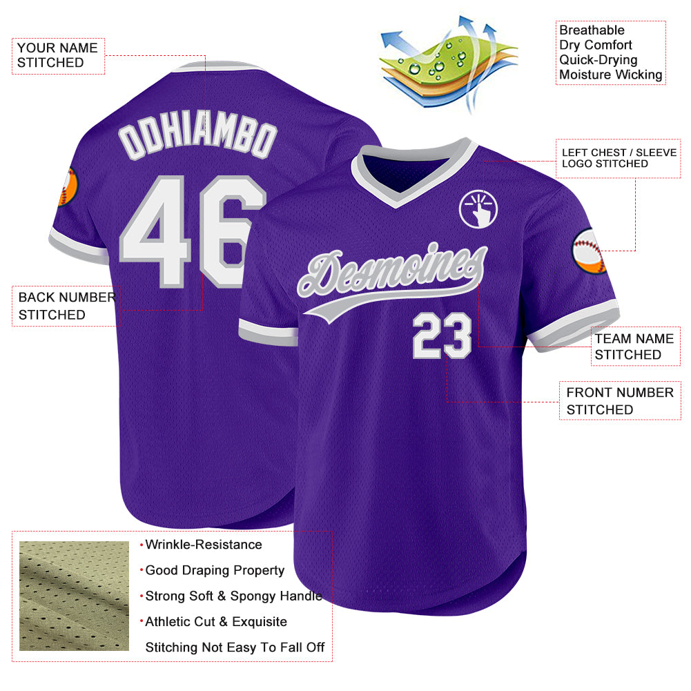 Custom Purple White-Gray Authentic Throwback Baseball Jersey