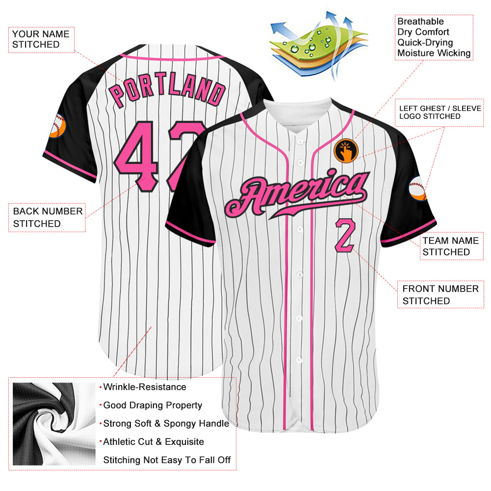 Custom White Black Pinstripe Pink-Black Authentic Raglan Sleeves Baseball Jersey