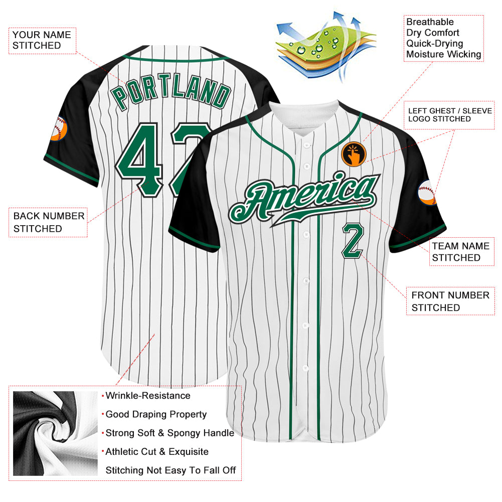 Custom White Black Pinstripe Kelly Green-Black Authentic Raglan Sleeves Baseball Jersey