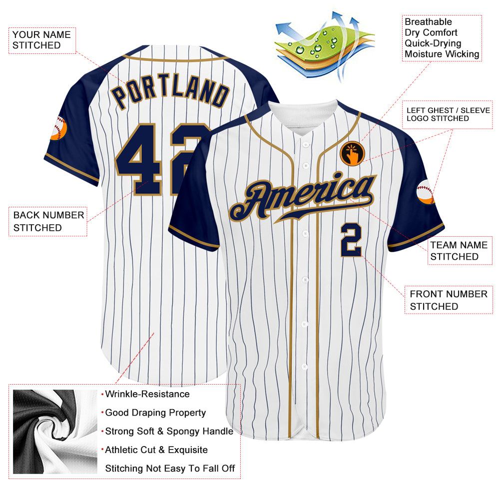 Custom White Navy Pinstripe Navy-Old Gold Authentic Raglan Sleeves Baseball Jersey