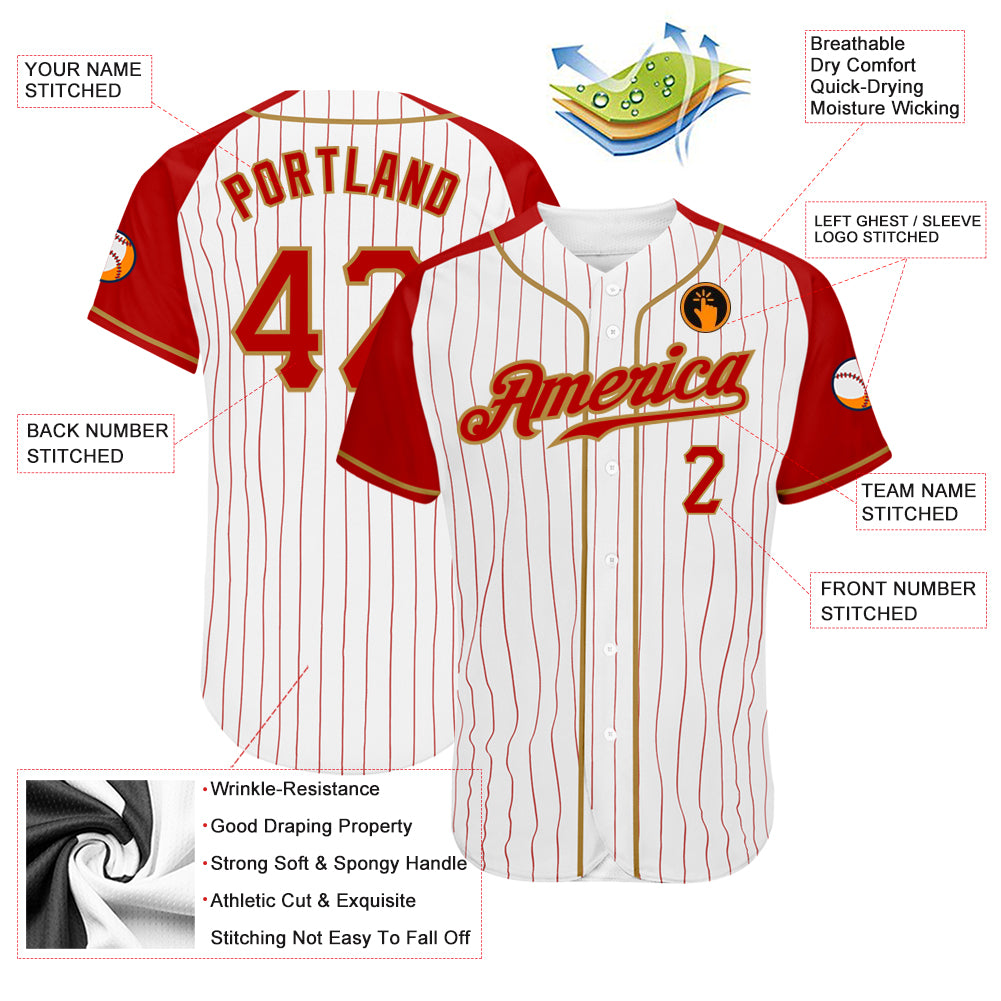 Custom White Red Pinstripe Red-Old Gold Authentic Raglan Sleeves Baseball Jersey