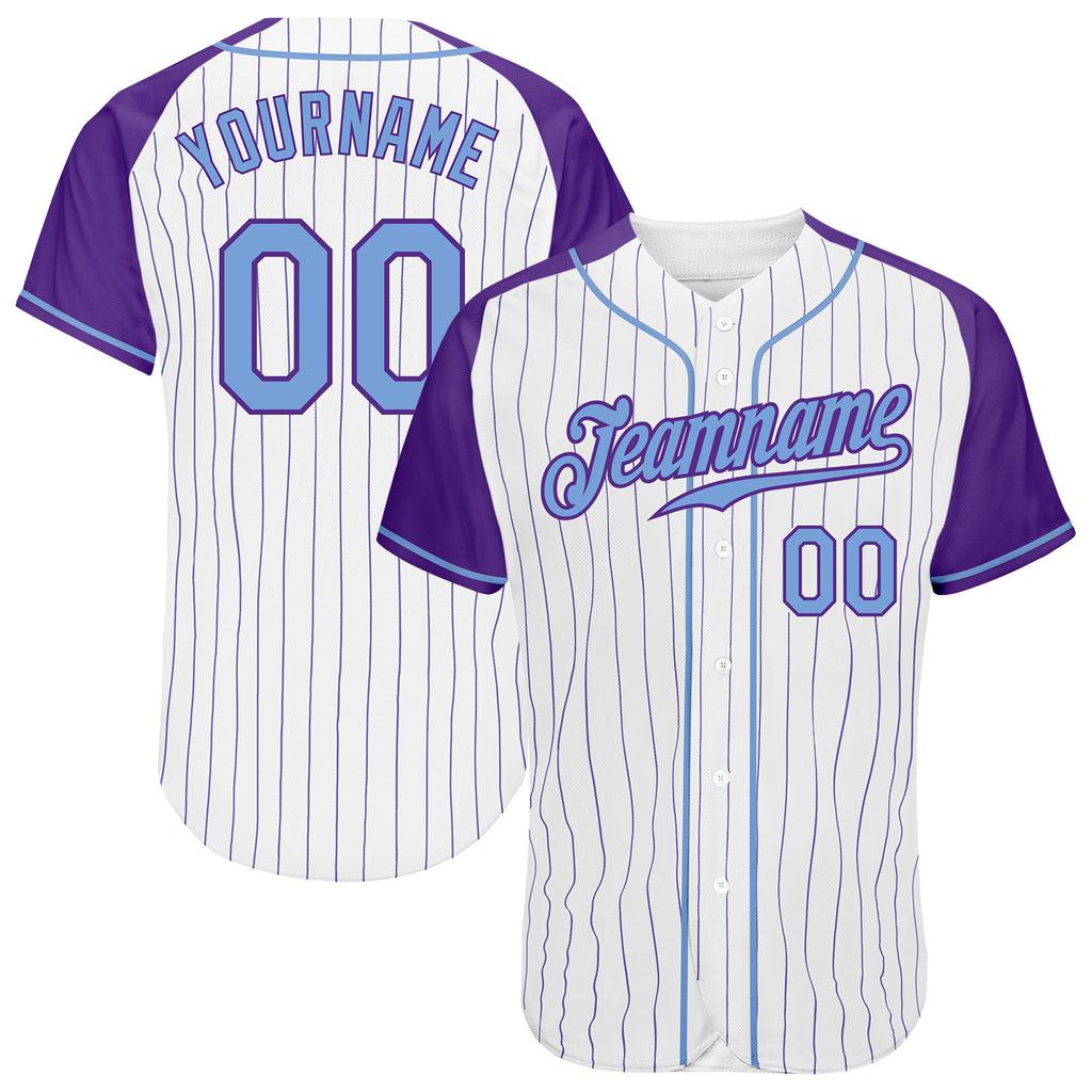 Custom White Purple Pinstripe Light Blue-Purple Authentic Raglan Sleeves Baseball Jersey